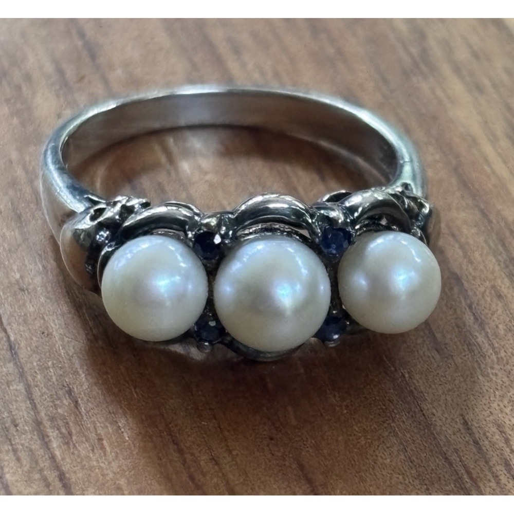 Sterling Silver White Pearl Trio Cocktail Ring With Sapphire Accents Size 8